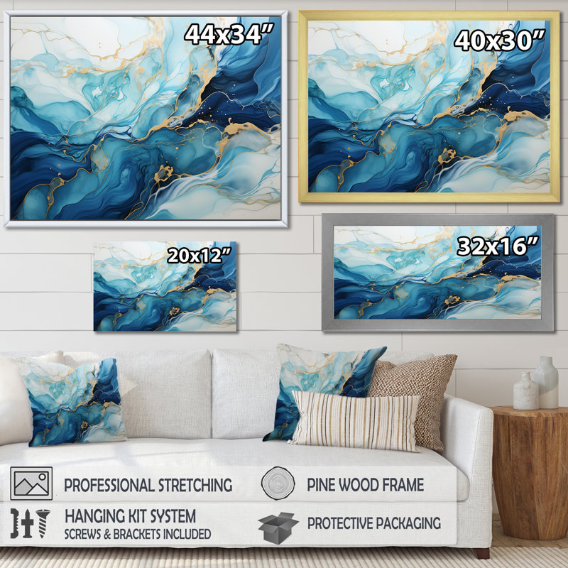 Impressions sur toile, formes liquides et bleues, Cadre doré simple, H 24 po x l 32 po x P 1 po
