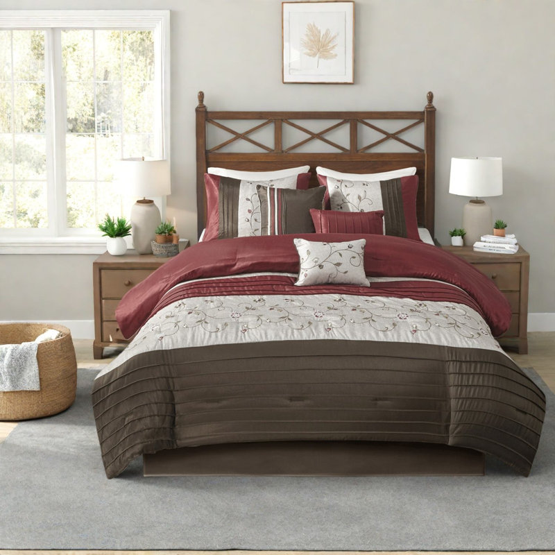 Luxurious Polyester Bedding Sets, Elegant Red Embroidered Design For Home