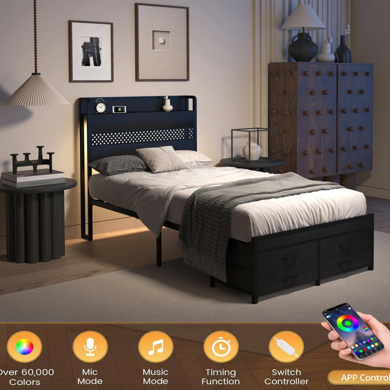 Twin Size Metal Platform Bed Frame with Headboard, LED Lights, Drawers & Charging Station, No Box Spring Needed, Black