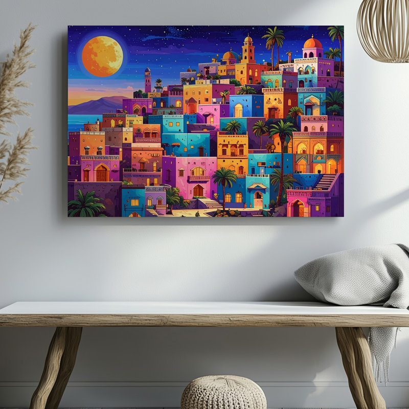 Toile «Vibrant Dream City», art mural inspiré de la Méditerranée, paysage nocturne, H 11 po x l 14 po