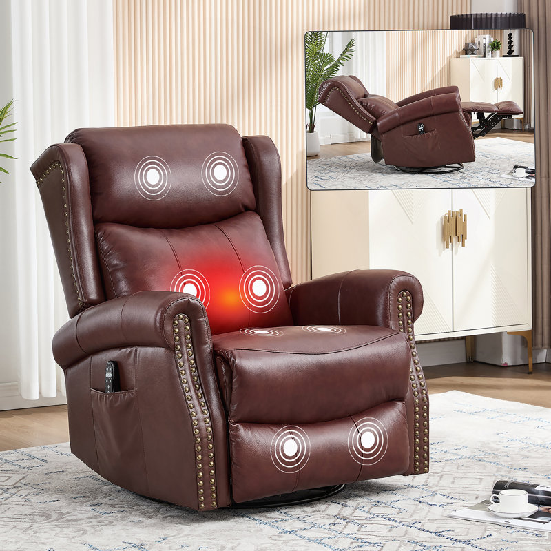 Heat Massage Manual Recliner Chair With Rocker And Swivel In Genuine Leather For Living Room,Red