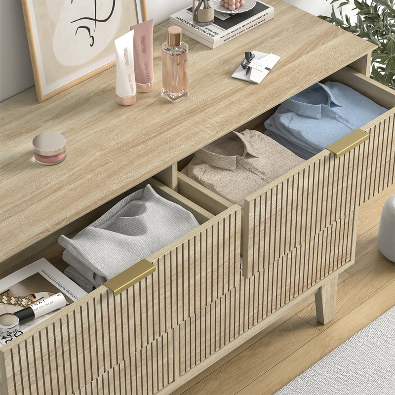 6 - Drawer Dresser Fluted Design, Wood Wide Chest of Drawers