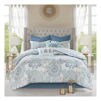 8-Piece Cotton Floral Printed Reversible Comforter Set in Blue for California King Bed - Shabby Chic Style