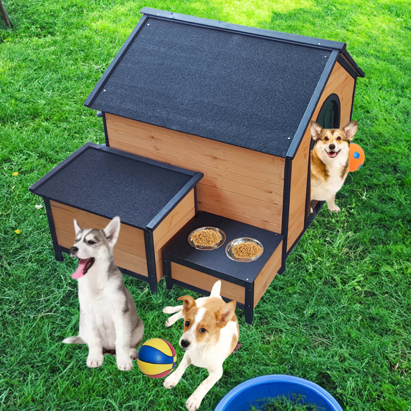 Grande niche pour chien en bois massif avec bols et boîte en métal - Retraite pour animaux confortable et spacieuse pour l'extérieur