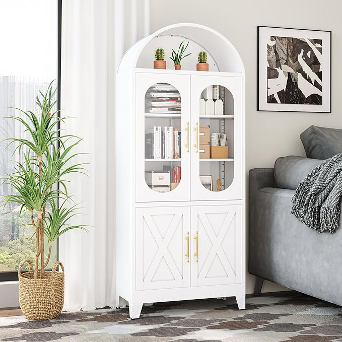Armoire de cuisine de 73 po de hauteur avec arche en métal, armoires de rangement de style campagne moderne avec portes et tablettes réglables, bibliothèque / présentoir / armoire polyvalente avec espace de rangement ouvert pour bureau - blanc