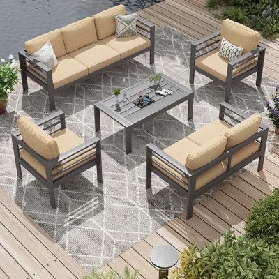 Ensemble de mobilier d'extérieur en aluminium 7 places, canapé modulaire moderne en métal 5 pièces avec table basse