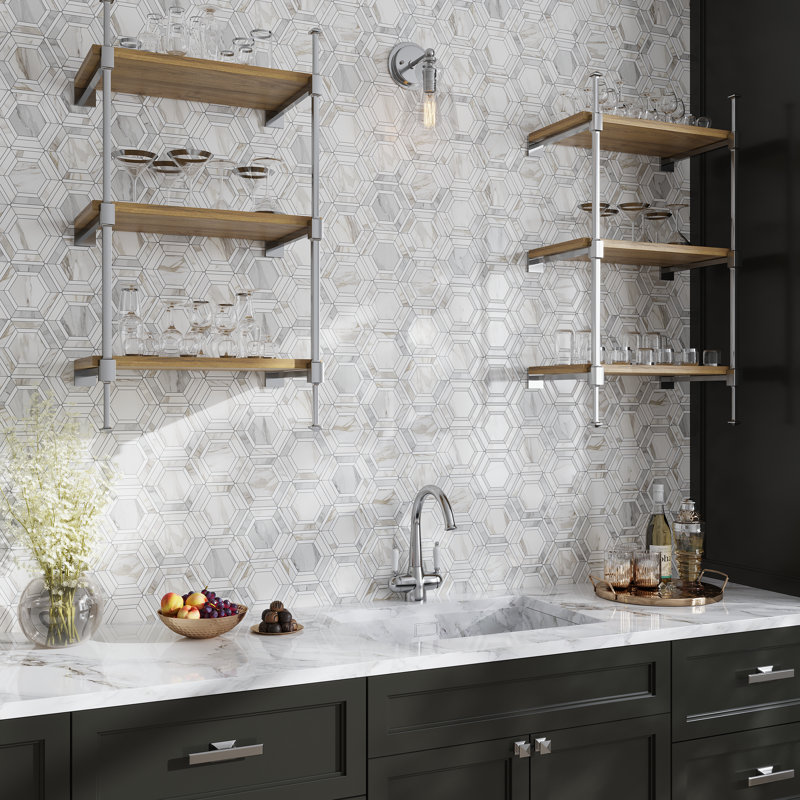 Serena 11x13 White Gray Calacatta Gold, Thassos Mosaic Hexagon Wall and Floor Tile (5.4 sq ft/case) - 5 Pack