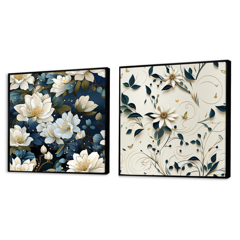 Theodora - Ensemble de 2 collages carrés floraux, Cadre flottant noir, H 16 po x l 33 po