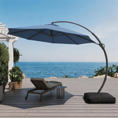 Parasol de patio extérieur avec base incluse, parasol suspendu en porte-à-faux de 11 pi de luxe avec rotation à 360 ° pour le marché, la piscine, le jardin, la cour arrière, la terrasse