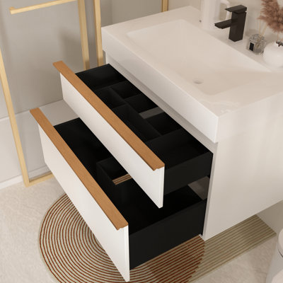 Meuble-lavabo flottant mural blanc moderne de 36 pouces avec lavabo en acrylique intégré pré-assemblé, 2 tiroirs à fermeture en douceur, poignées en bois bicolore, glissières de tiroir silencieuses et silencieuses, rangement bien rangé