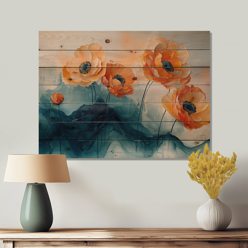 Aquarelle de fleurs de renoncule, rivière II - décoration murale en bois de renoncule - sur bois de pin naturel