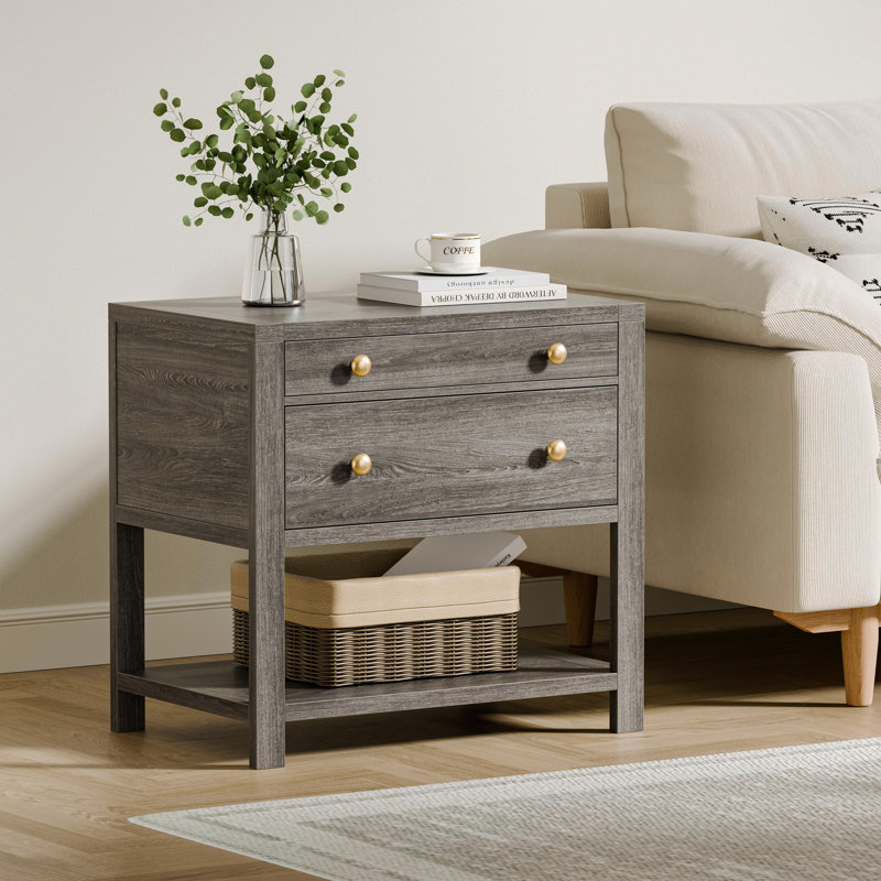 Table de chevet 25 po avec tiroir, tablette et plateau coulissant Avelyn, Gris, 2