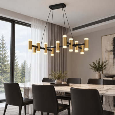 37.25" Modern Geometric LED Chandelier in Sand Black & Warm Gold for Dining Room & Foyer