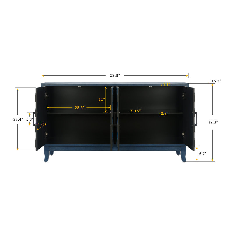 Retroy Vintage 4-Door Credenza Cabinet - 60" Navy  Storage Buffet With M-Shaped Panel Doors