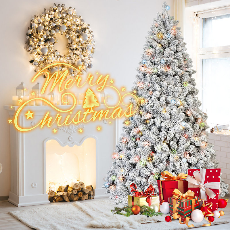 Arbre de Noël enneigé 6 pi avec 350 lumières UL colorées et 36 pommes de pin naturelles - 888 pointes en PVC enneigées, branches articulées, support en métal stable, installation facile