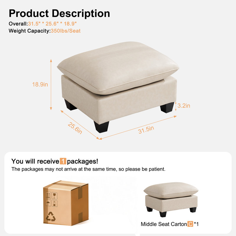 31.5" Wide Faux Leather Rectangle Ottoman For Modular Sectional Sofa , Beige