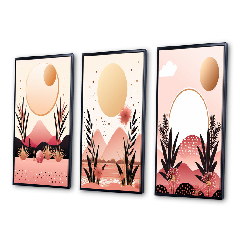 «Boho Dreams Abstract Landscape In Vintage Pink», 3 pièces sur toile, Cadre flottant noir, H 20 po x l 36 po