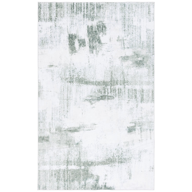 Tapis abstrait en polyester tissé à la machine blanc / vert Spanos, Rectangle 3 pi x 5 pi