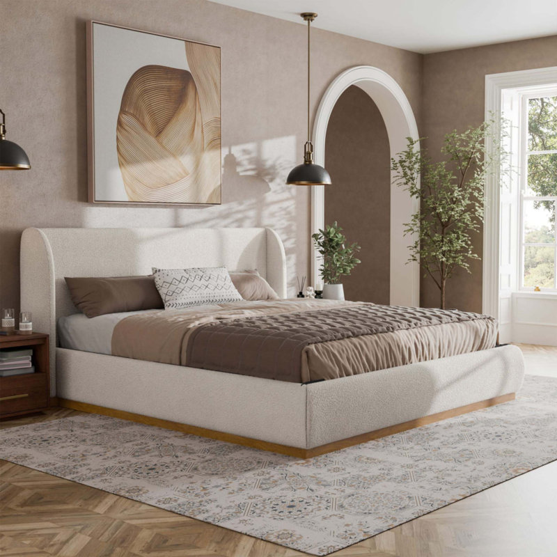 Queen Size Bed with Boucle Upholstered Wingback Headboard