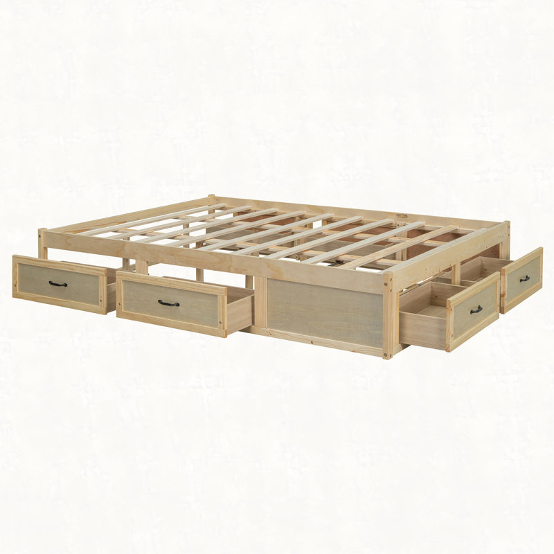 Lit plateforme avec 6 tiroirs de rangement, Grand lit, Naturel antique