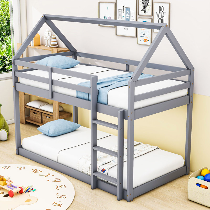 Twin Over Twin House-Shaped-Bunk Bed With Guardrails And Ladder, Gray
