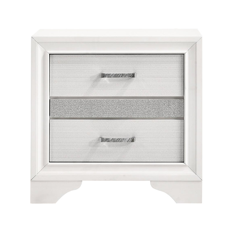 Table de chevet blanche pour chambre à coucher avec 2 tiroirs - poignées en strass, rayures scintillantes Allure 2 po Grace