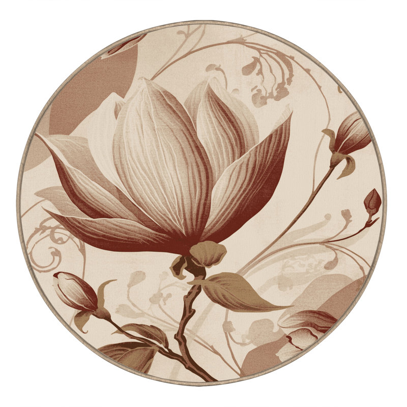 Tapis beige classique lavable à la machine Parrilla Magnolia, Rond 7 pi