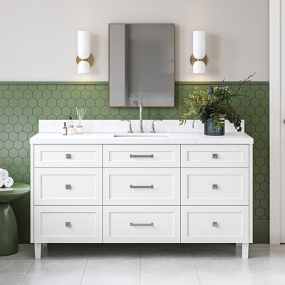 Ariel Monroe 66 Inch Single Rectangular Sink Bathroom Vanity With Carrara Quartz Countertop