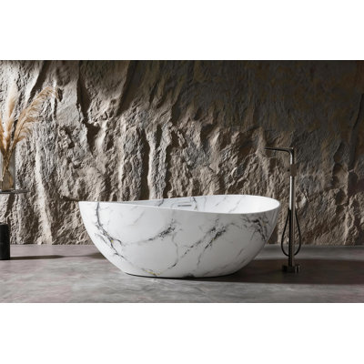 63" Wave Shaped Freestanding Bathtub, Solid Surface Soaking Tub With Marble-look Finish