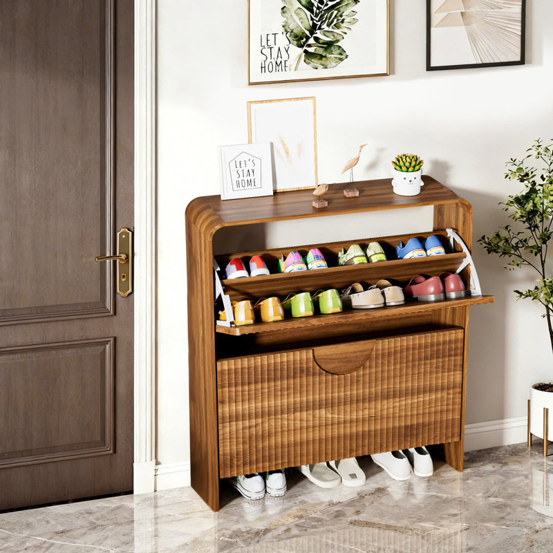 Narrow Fluted Shoe Cabinet For Entryway, Slim Shoe Storage Cabinet With 2 Flip Drawers, Walnut