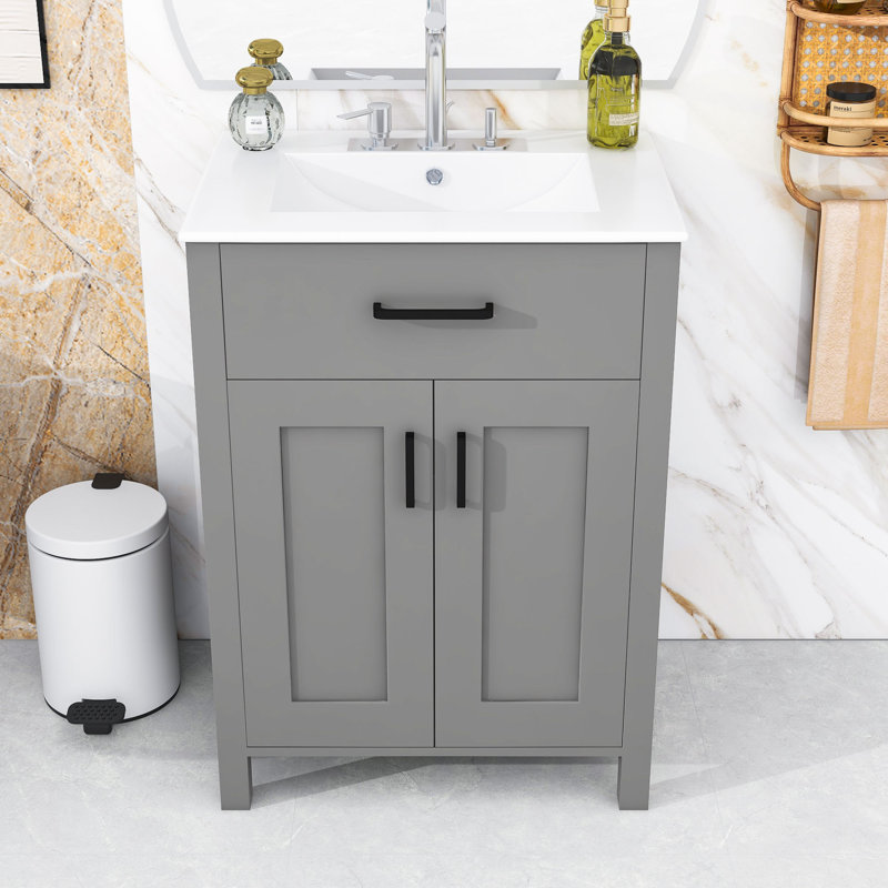 Ensemble de meuble-lavabo simple en bois Robby Modern avec lavabo en céramique et grand rangement, Gris