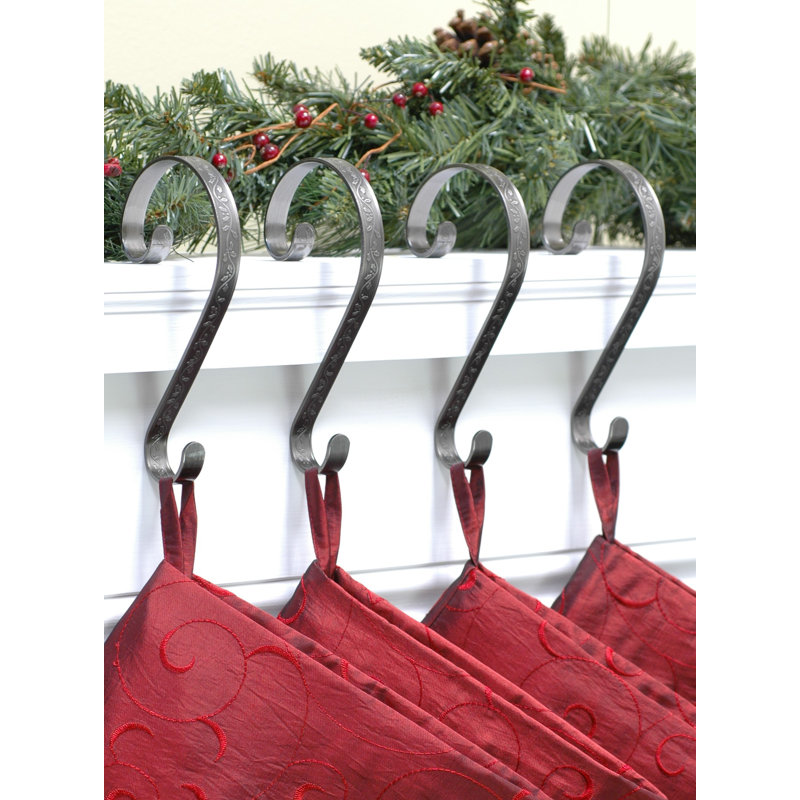 Stocking Scrolls Embossed Holly Stocking Holder, Pewter