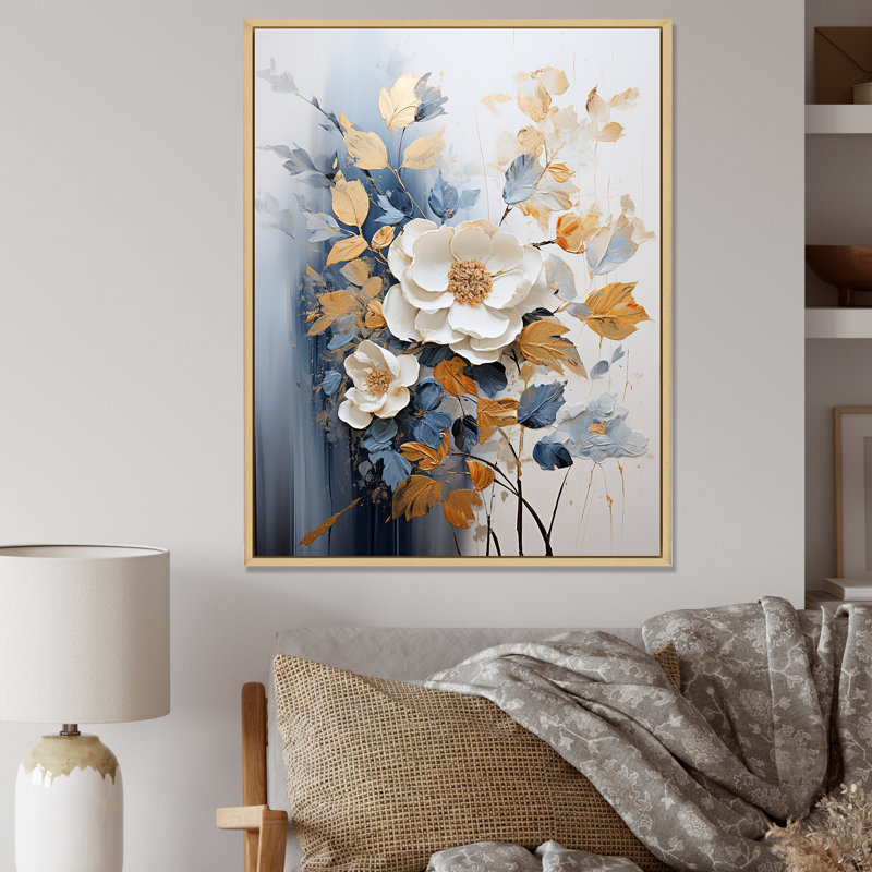 Impression sur toile dorée et blanche, Cadre naturel flottant, H 32 po x l 16 po x P 1 po