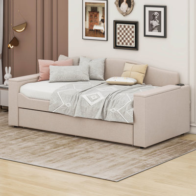 Twin Size Upholstered Daybed with Storage Armrests, Trundle and Integrated Bluetooth Audio System by Cosmic