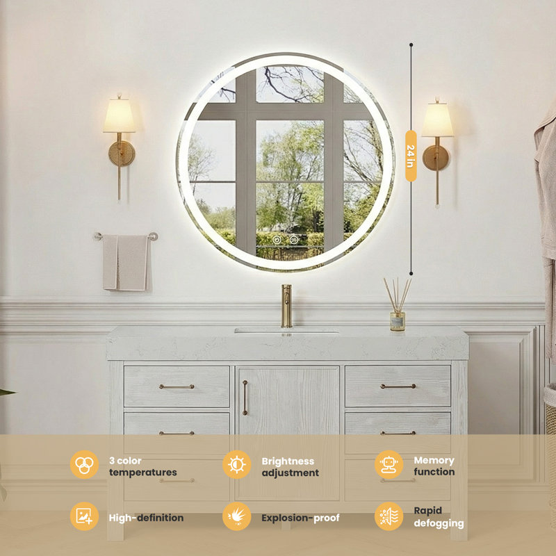 Wall-Mounted Round LED Anti-Fog Bathroom Mirror, Adjustable Brightness and Color Temperature Vanity Mirror, 24" x 24"