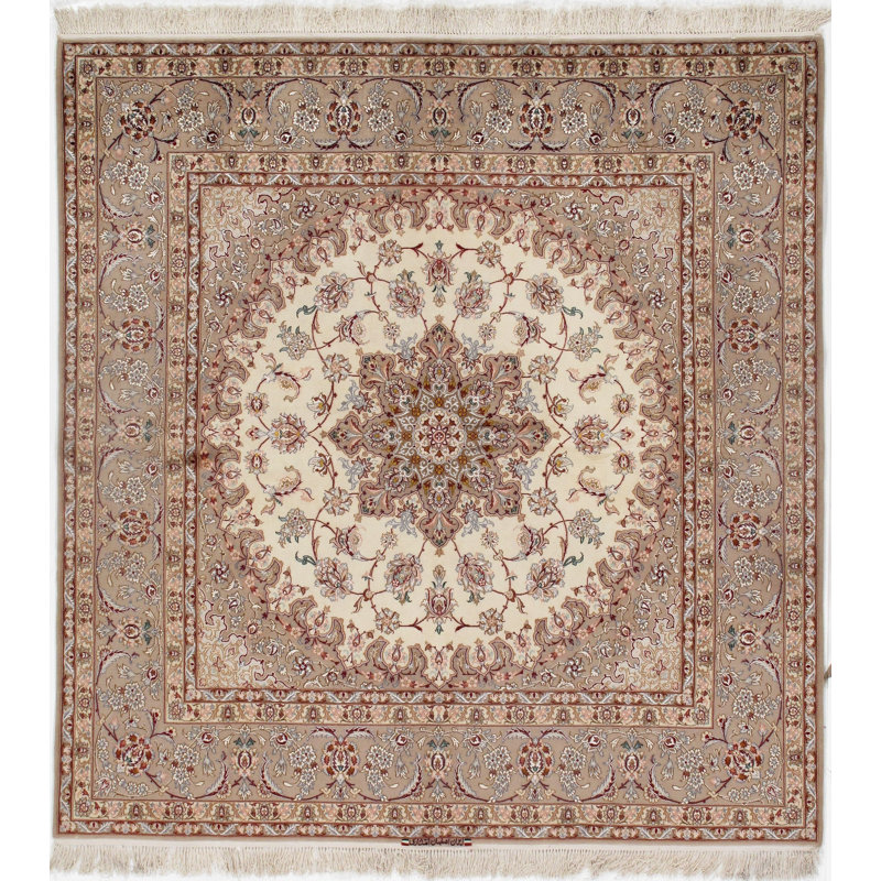 Tapis carré noué à la main ivoire / gris / rouge de conception unique 6 pi 6 po