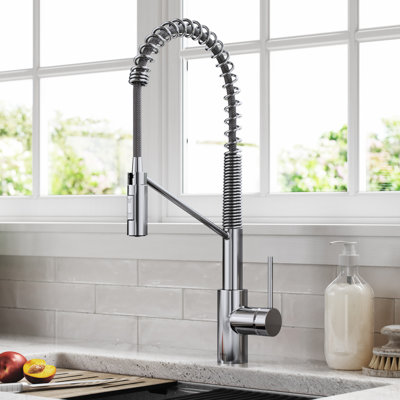KRAUS Oletto Commercial Style Single Handle Pull Down Kitchen Faucet with QuickDock Top Mount Installation Assembly in Spot Free Stainless Steel