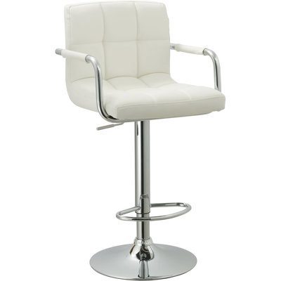 Adjustable Swivel Bar Stool With White Metal Frame, Grey Seat, Modern Grid-Pattern Stitching, Hydraulic Height Adjustment, 360 Rotation, Comfortable Ergonomic Design, And Footrest, Non-Scratch Floor