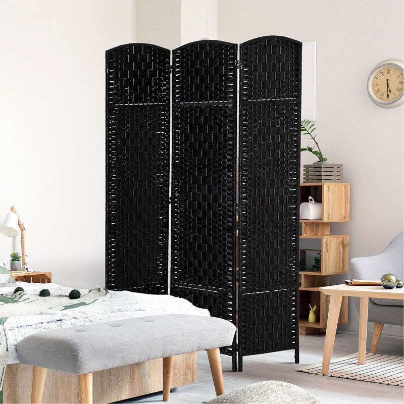 Paravent 3 panneaux Black Weave. Élégante cloison d'intimité pour les dortoirs. Conception artistique. Charnière pratique, écran de 6 pi de hauteur facile à transporter - noir. . Panneaux, commodité pliante portative