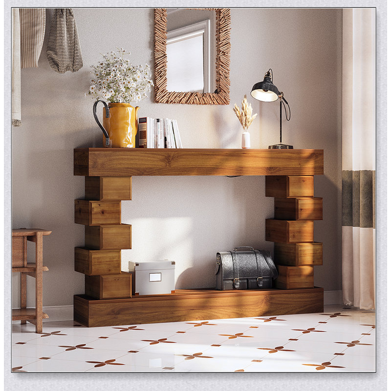 Geometric Block Stacked Wood Console Table