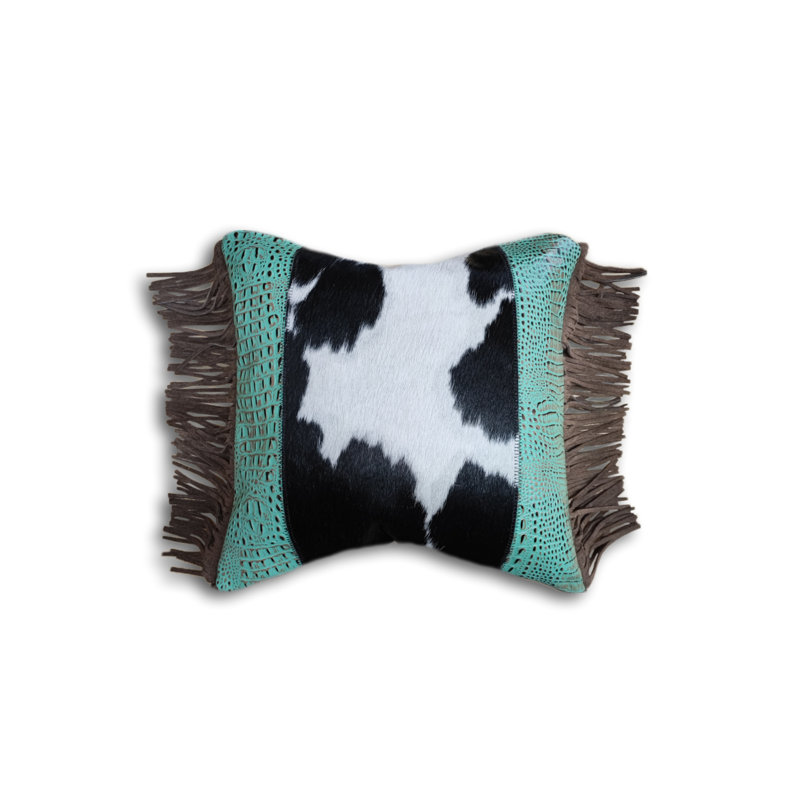 Housse de coussin en cuir de vache et cuir avec frange, H 16 po x l 16 po, Square