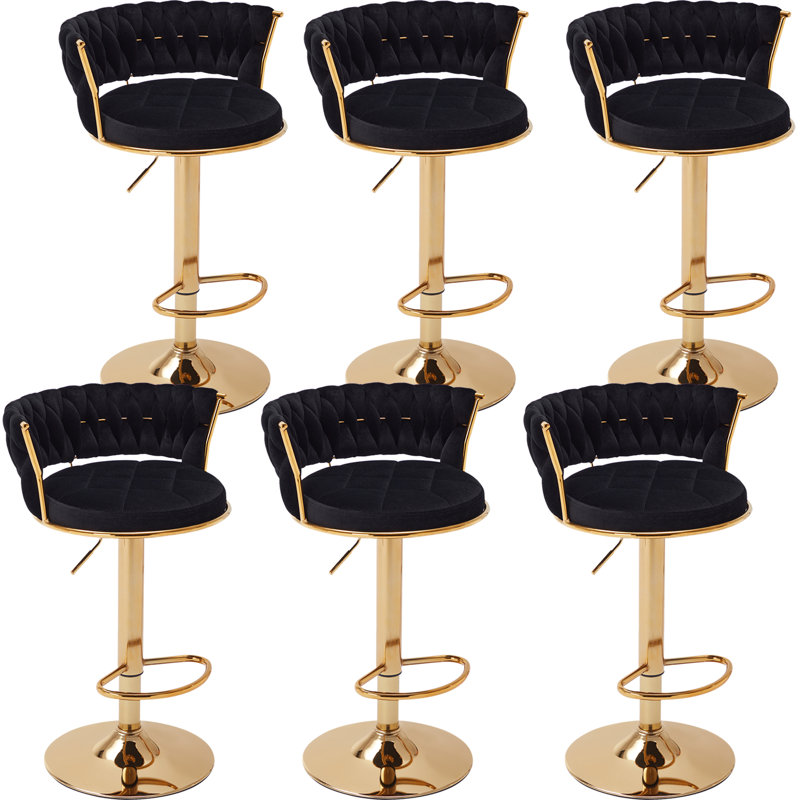 6 Pcs Upholstered Bar Stools With Woven Backrest, Height Adjustable Counter Stools Set Of 6, Swivel Kitchen Stools, Black