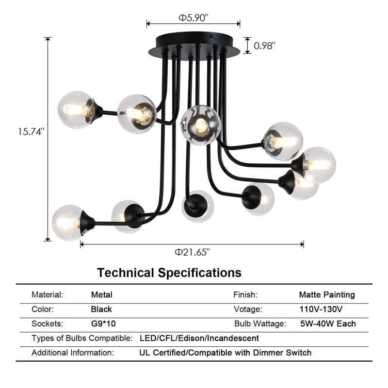Semi Flush Mount Ceiling Light Fixture 10-light Black Globe Glass Ceiling Lamp Close To Ceiling Light Chandelier