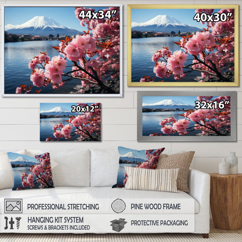 Impression sur toile Cherry Blossum, Mont Fuji, Japon II - Montagnes, Cadre de coin fermé argenté