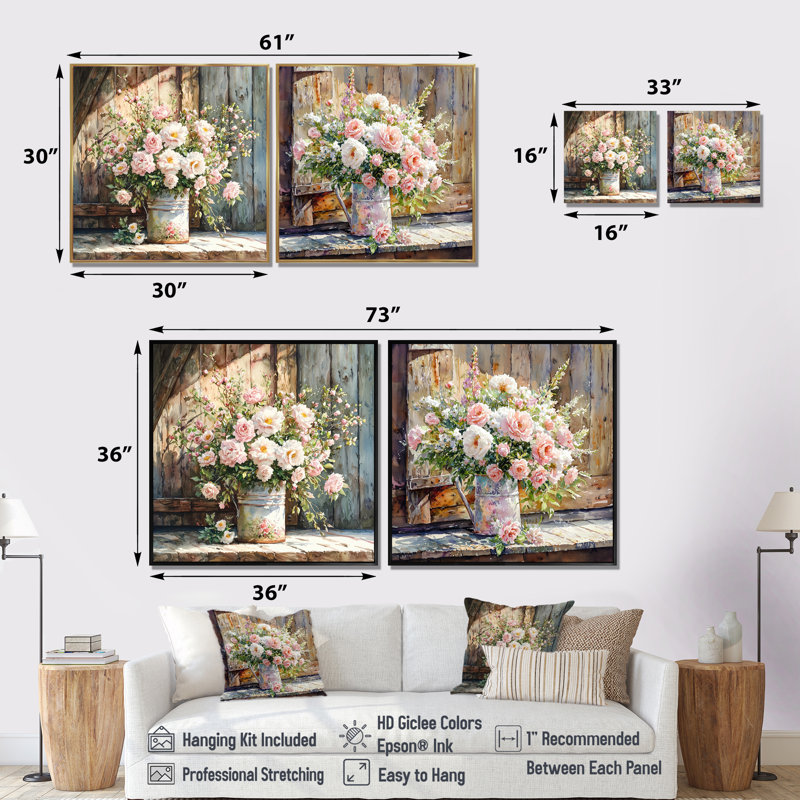 Bouquet de roses Summer Blush At The Barn I - Roses, décoration murale - art mural moderne 2 pièces, H 30 po x l 61 po, Blanc