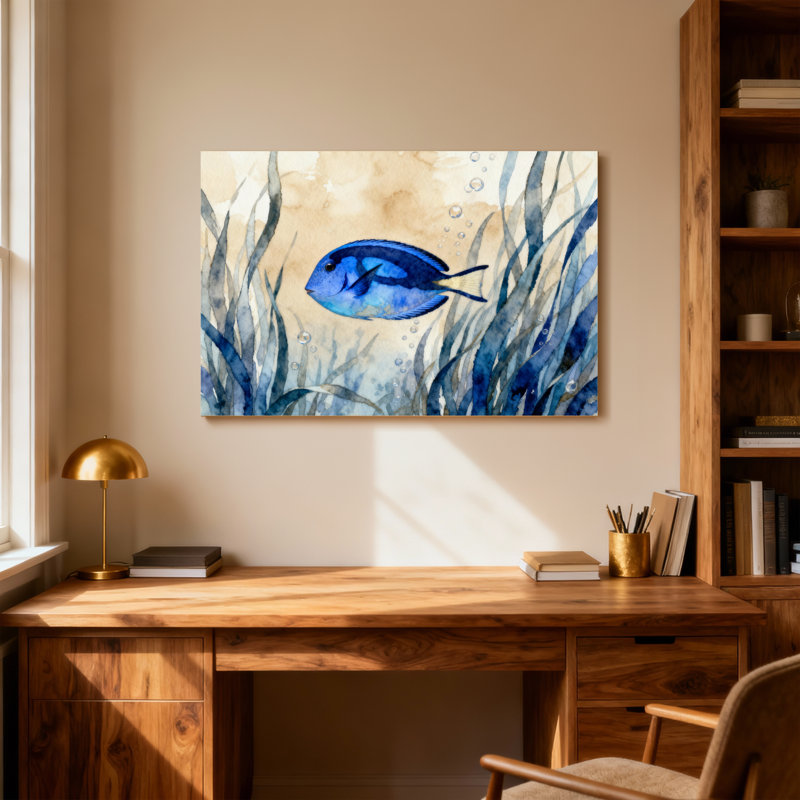 Animaux, poisson bleu parmi les herbes marines avec bulles, H 28 po x l 40 po