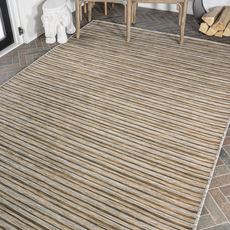Tapis intérieur / extérieur brun / naturel à fines rayures Amiyah, Rectangulaire 3 pi x 5 pi