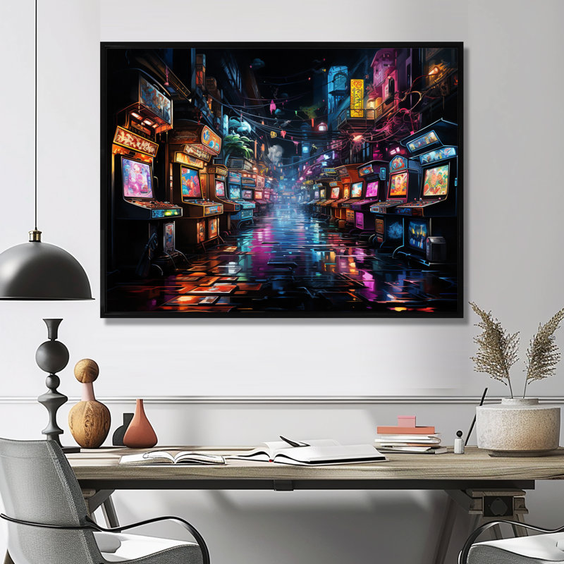 Neon Arcade - jeu vidéo grand art mural, Cadre flottant noir, H 12 po x l 20 po x P 1 po