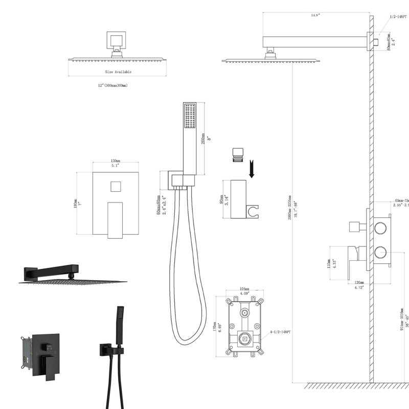 Dual Shower Head System - 12 Inch Square, Matte Black, Versatile Showering Black Head, Square Shape, Wall Mount, Matte Black