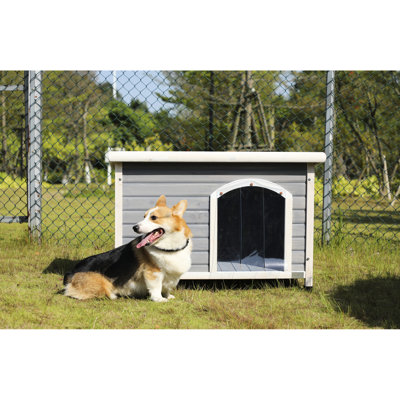 Abri d'extérieur pour chien de taille moyenne avec porte de toit en bois gris